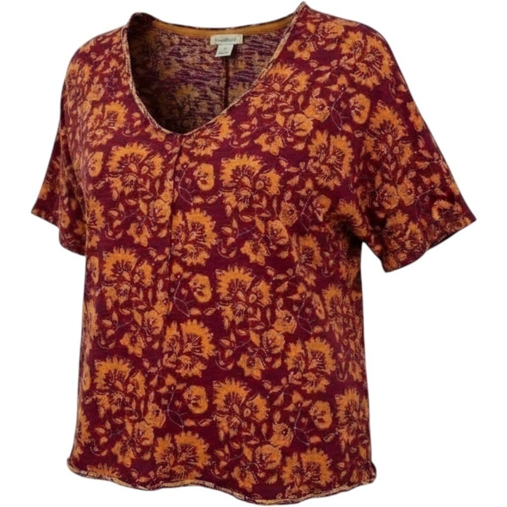Sundance Floral V-Neck Short Sleeve Cotton Top Magenta Yellow Cozy Womens Small
